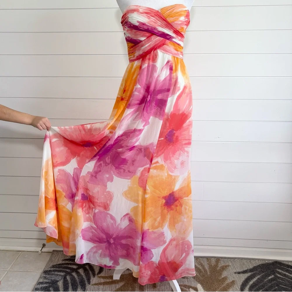 Ralph Lauren Evening Floral Maxi strapless  Dress in Pink and Orange Size 2